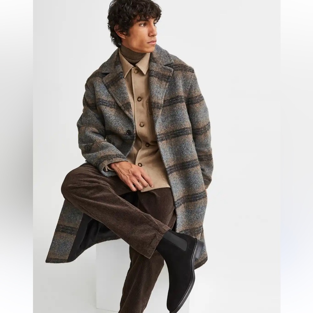 H&M Gray and Brown Plaid Wool-Blend Overcoat